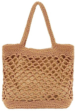 Ynport Crefreak Bolso de Hombro de Malla de Ganchillo de Algodón Grande para Mujer, Bolso de Mano de Punto, Bolso de Red de Playa de Viaje, Bolso de Compras con Asa Superior,Marrón