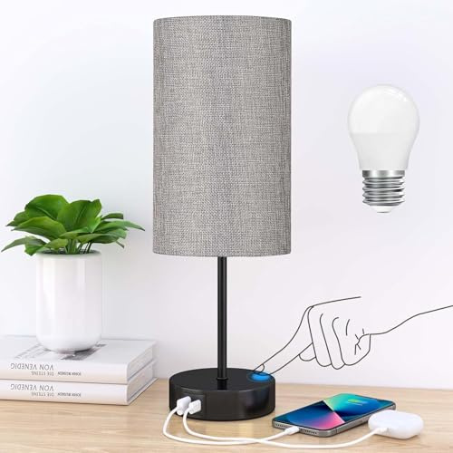 STANBOW Bedside Lamps, Touch Table Lamp for Living Room Bedroom Dimmable | Bed Side Lamp with USB Charging Port, Small Bedside Light for Kids Room, Study, Dorm, Office(Bulb Included,Grey Fabric Shade)