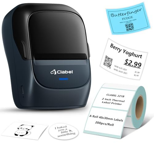 CLABEL Impresora Etiquetas Autoadhesivas, 221B Mini Termica Etiquetadora Adhesivas Bluetooth Portátil Label Printer Compatible con iOS y Android para Oficina Tienda Hogar con Etiqueta 50×30mm(Azul)
