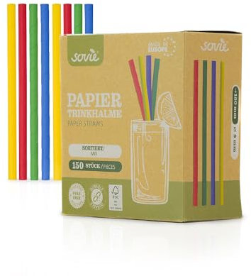 Sovie Cannucce di carta colorata – cannucce senza plastica – certificato FSC, Made in Europe, biodegradabili – Ø 8 mm – 15 cm di lunghezza – 150 pezzi