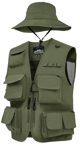 Shihanee 2 Pcs Men's Fishing Vest Sun Hat Multi Pocket Safari Vest for Outdoor Hiking Summer Travel(L,Army Green)