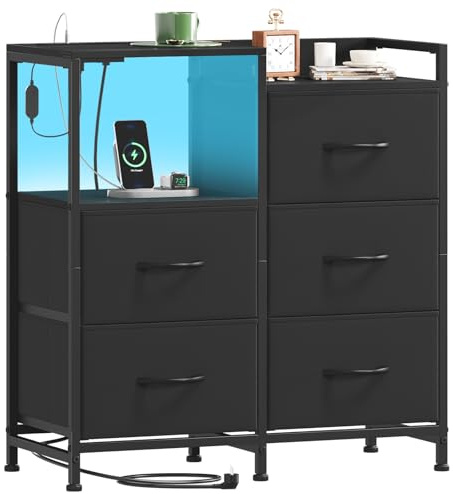 Somdot Chest of Drawers, Charging Station & Led, 5 Fabric Drawers, Black | Fabric Drawers Storage Unit, Adjustable LED Lighting, 2 AC Outlets, 2 USB Ports, Bedroom, Living Room, 29D x 66.5W x 70.5H