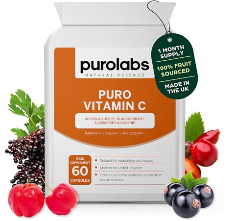 Purolabs Vitamin C Capsules – Wholefood, High Strength Vitamin C Supplement with Acerola Cherry, Rosehip, Blackcurrant & Elderberry for Immune Support and Antioxidant Benefits – 60 Vegan Capsules