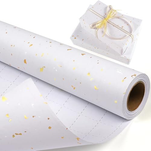 Weißes Geschenkpapier Rolle Geburtstag, 43cm x 10m Weiß und Gold Folie Geschenkpapierrolle für Kinder Männer Frauen, mattes Geschenkpapier Kraftpapier Rolle für Weihnachten, Hochzeit, Geburtstag