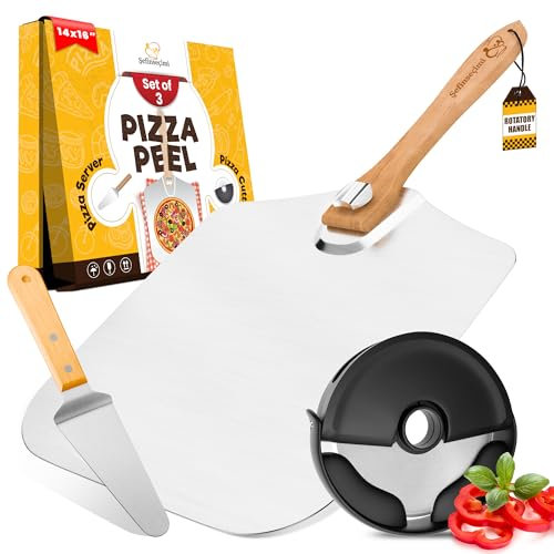 SEFINSECIMI Cáscara de pizza de madera de roble, plegable, 14 x 16 pulgadas, cortador giratorio de pizza, mango de madera, cáscara de queso