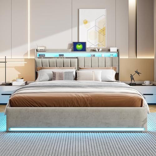 WOBOPCG Polsterbett Cama doble 140x200 cm, cama con almacenamiento hidráulico LED con puerto de carga, cama funcional con mesita de noche con función de carga, cama con almacenamiento, boxspring (Gris