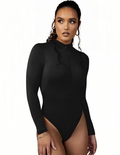 Sukiglam Women's Bodysuits Long Sleeve Front Zip Body Suits Sexy Turtleneck/V Neck Ladies Thong Bodysuit Top Basic Slim Fit Leotards Tops Stretchy One Piece T Shirt Casual Going Out Blouse