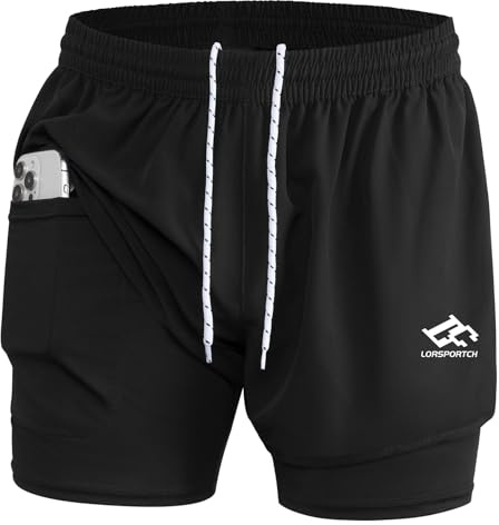 LORSPORTCH Men's 2 in 1 Running Shorts Men's Fitness Shorts Outdoor Marathon Training Shorts with Built-in Pockets 01 Black XL