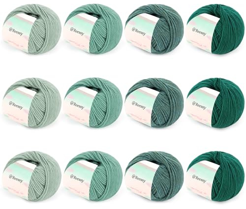 Reessy 12 × 50g Merino Wool Yarn for Crochet and Knitting, Soft and Warm Knitting Wool, 98% Wool 2% Cotton Yarn for Knitting Sock, Scarves, Shawls, Blankets and Garments - Green
