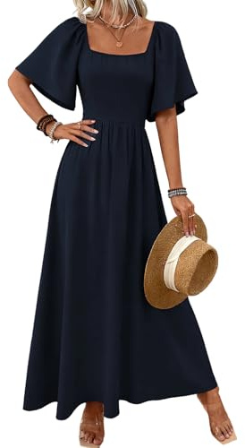 Robe Longue Femme Élégante Col Carré Vintage Maxi Ligne A Taille Haute | Robes Manches Longues/Manches Courtes Robe Maxi Volantes Fluide Style Bohème Robe de Plage Mariage Décontractée