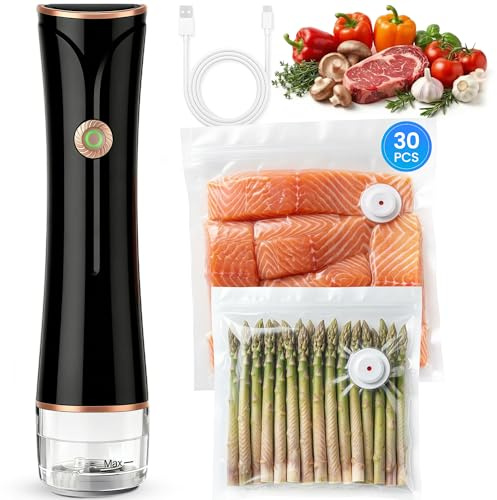 Sellador al vacío compacto para alimentos con tanque visible, máquina selladora al vacío de mano, incluye 30 bolsas reutilizables, sella alimentos 6 veces más frescos, inalámbrica y portátil, adecuada