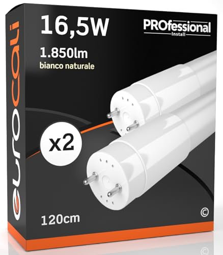 Eurocali 2x Tubi LED 120cm G13 T8 16,5W Professionale Alta Efficienza Garanzia 5 Anni 1850 lumen - Luce Bianco Naturale 4000K - Fascio Luminoso 160° - Sostituzione Neon