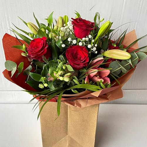 Red Rose and Lily Bouquet with Box Bag – Flowers for Anniversary, Birthday, Get Well, Sympathy, Thank You, Housewarming, Fresh Seasonal Festive Arrangement