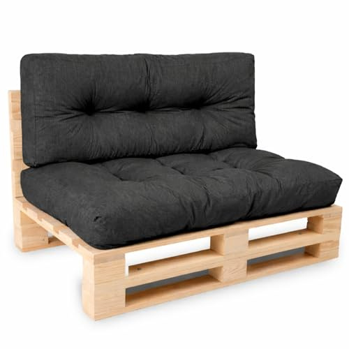bananair - Coussin Palette Extérieur Confortable - Tissu Résistant, Anti-UV & Déperlant - Coussin Salon de Jardin Extérieur, Balcon, Terrasse (Lot Assise + Dossier, Noir)