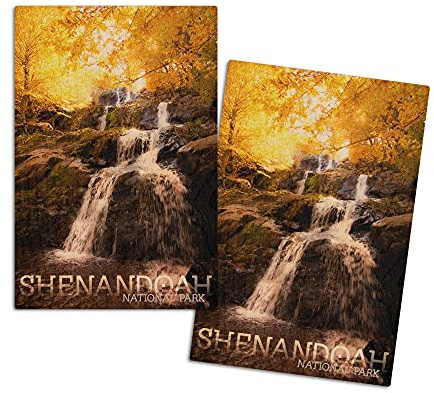 Shenandoah National Park, Virginia, Waterfall in Autumn, Block Text (4x6 Birch Wood Postcards, 2-Pack Stationary, Rustic Home Wall Decor)