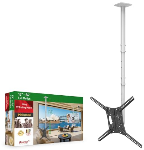 Barkan lång vit TV-takfäste, 13–75 tum lutbar/full rörelse platt och böjd TV-hållare, rymmer upp till 43 kg, extra långt utdrag – 160 cm lång, max. VESA 600 x 400