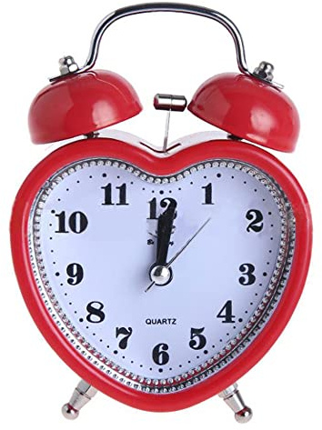 Meyaus 3in Small Heart Shape Loud Twin Bell Plastic Alarm Clock Silent Analog Quartz Nightlight Clock for Heavy Sleepers