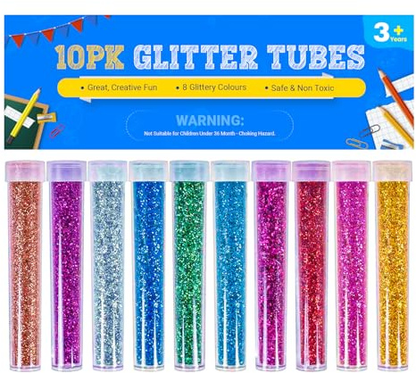 Glitter Tubes 10pk Kids Craft Glitter Shaker for Arts and Crafts, Slime, Wax Melts, Body Makeup, Nail Arts - Assorted Colours, Non-Toxic, Safe CE Marked