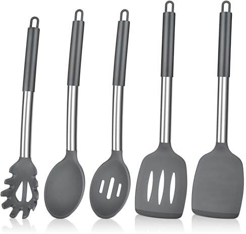 Herogo Kitchen Utensils Set, 5 Pieces Silicone Cooking Utensil with Stainless Steel Handle, Heat Resistant Kitchen Cooking Tools Turner Spoon Spatula for Nonstick Cookware Pan – Grey