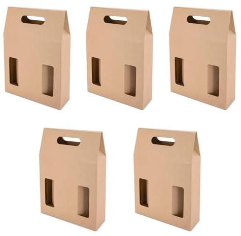 AC - Pack de 5 cajas de cartón con ventanas, aptas para 3 botellas de vino, incluyen asa, guardar, regalar, envolver champán, Navidad, 41 x 27 x 9 cm