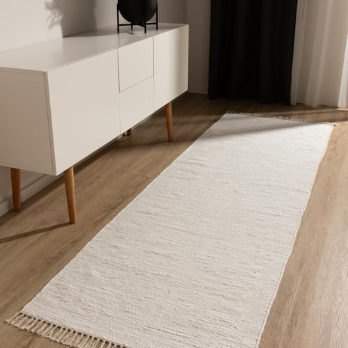 benuta Basic Baumwollteppich Tom - Creme 80x300 cm - Handgewebter Wohnzimmer Teppich - 100% Recycelte Baumwolle - Für Fußbodenheizung geeignet