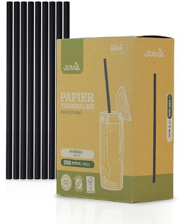 Sovie Strohhalme Papier Schwarz - Trinkhalme Plastikfrei - FSC-zertifiziert, Made in Europe, Biologisch Abbaubar - Ø 6mm - 20cm Länge - 250 Stück