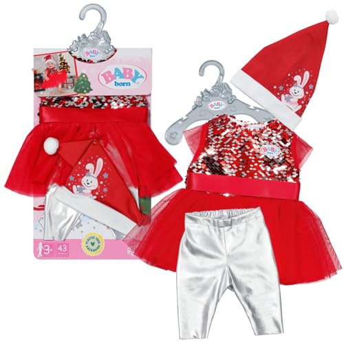 BABY born Christmas Dress, Doll Festive Dress with Sequins, Leggings and Christmas Hat for 43cm Dolls, For Children Aged 3+, 836118 Zapf Creation