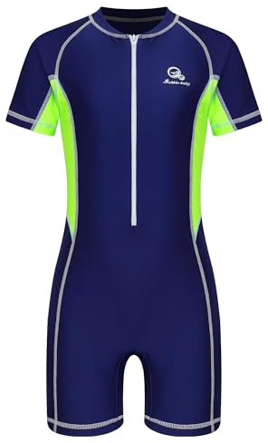 Fldy Kinder Jungen Badeanzug UV Schutz Einteiliger Bademode Kurzarm Schwimmoverall für Surfen Tauchen Wassersport Sommerpool Strandspaß Leuchtendes Grün 158-164