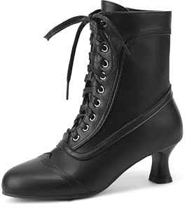 Voviggiw Stivali da donna vittoriani con lacci alla caviglia punta rotonda tacco gattino stivaletti vintage cerniera laterale, Nero , 40 EU