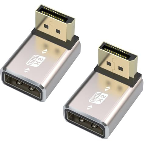 HTGuoji 8K DisplayPort 1.4 kopplingsadapter, 90 graders rät vinkel DP hane till DP hona förlängningsanslutning stöder 8K @60Hz 4K@144Hz 1080p@240HZ, Full HD stereo 3D 2 st (upp)