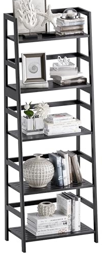 vovala Ladder Shelf, 5-Tier Bookshelf, All Bamboo Heavy Duty Bookcase, Freestanding Open Wood Storage Rack, Modern Corner Display Plant Stand for Living Room, Home Office, Bathroom, Bedroom, Black