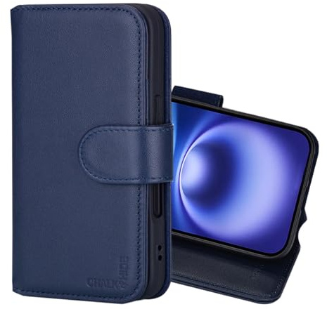 CHALK & HIDE Genuine Leather Wallet Case for iPhone 16 (6.1) | RFID Blocking Card Slots, Magnetic Flip Cover, Kickstand | Premium Book-Style Protective Case - Navy Blue