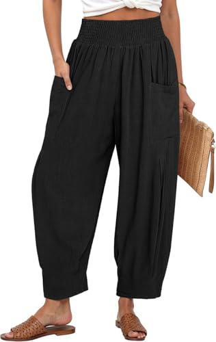 TARSE Womens Linen Palazzo Pants Summer Fall Boho High Waisted Cargo Baggy Loose Casual Harem Pants with Pockets, Black, M