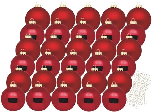 Inge Glas Weihnachtskugeln mit Haken | Schöne Christbaumkugeln aus Glas | Set 30 Kugeln und 40 Aufhänger | Christbaumschmuck Weihnachtsbaumkugeln (Ochsenblut | rot)