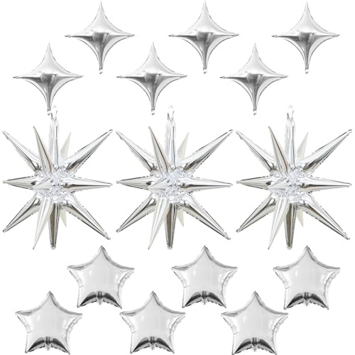 Froova Silver Star Balloons, 22in Large Star Balloons Foil 10in 4-Pointed & Silver Pentagram Balloon for Graduation New Year Wedding Baby Shower Birthday Party Decorations