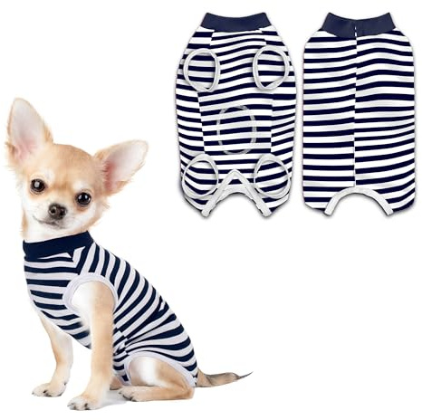 PawSailor Tuta Chirurgica Righe per Cani Body Post Operatorio Cane Vestito Post-Intervento Unisex in Cotone Morbido con Bottoni, Protezione Ferite per Sterilizzazione o Convalescenza, Blu Marino XS