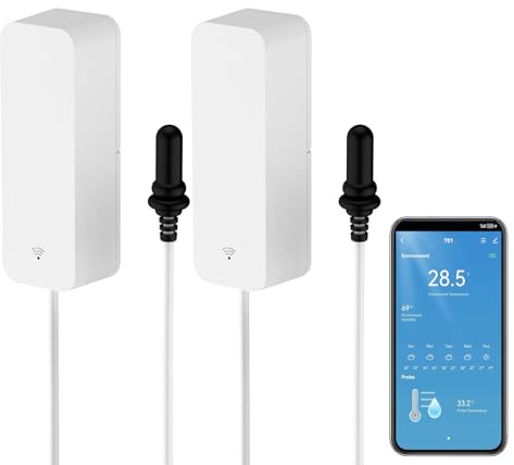 Smart termometer, hygrometer, WiFi-temperatursensor med extern sond, väderfunktionstermometer, fuktmätare för frys, akvarium, applarm, fjärrmonitor, arbeta med Alexa. 2 st