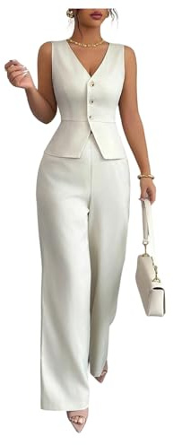 SOLY HUX Women's 2 Piece Business Casual Outfits Button Up V Neck Suit Vest and Pants Set Solid Apricot Small