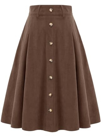 Jupe mi-longue en velours côtelé pour femme - Jupe trapèze - Vintage - Jupe évasée - Basique - Décontractée - Taille haute - Jupe décontractée avec poches, marron, XL