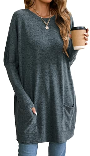Famulily - Tunica lunga da donna, casual, tinta unita, oversize, con scollo rotondo, felpata, con tasche, Marina Militare, XXL