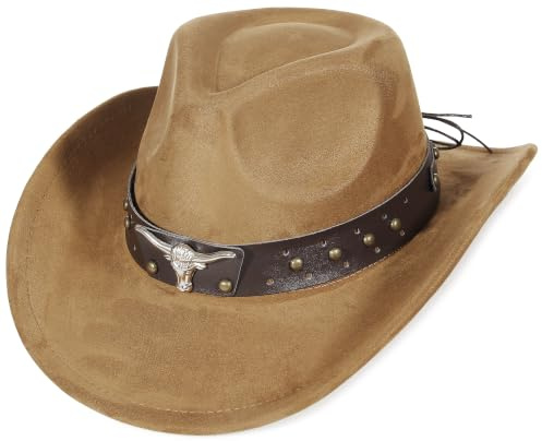 EOZY Suede Cowboy Hats for Men and Women Cowgirl Hat Roll Brim Adjustable Western Cowboy Hat with Leather Belt Brown