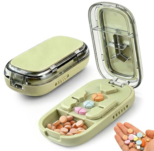 2Pcs Pill Cutter, New 3-in-1 Pill Cutters Splitter for Small & Tiny & Large Pills with Storage Compartments, 1/2 1/3 1/4 Tablet Cutter,Portable Cutting & Storage Tablet Dispenser for Travel Home,Green