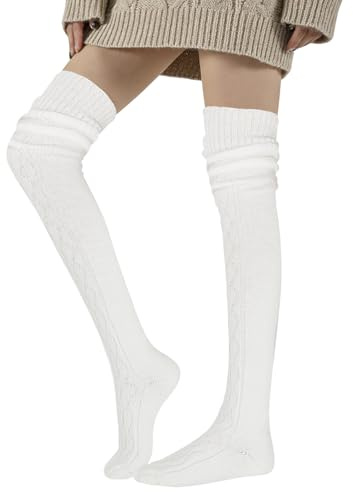 GYIOFAI Calze alte da donna, calzini lunghi 60 cm, calze casual da ragazza sopra il ginocchio, scaldamuscoli invernali alti al ginocchio, calze lunghe morbide, bianco, Taglia unica