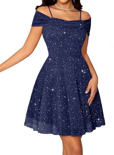 Meetjen Robe de bal scintillante pour femme - Épaules dénudées - Robe courte en tulle avec bretelles spaghetti