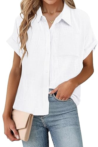 SEMARO Womens Cotton Linen Button Down Shirts Casual Short Sleeve Solid Summer Blouses Tops with Pocket White