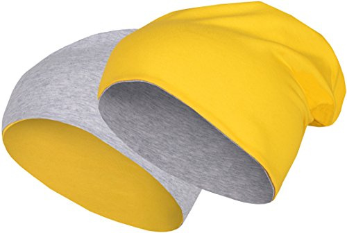 2 in 1 Reversibile Slouch Lungo Beanie Jersey Cotone Elastico Unisex Uomini Signore Cappello Heather in 24 Colori Diversi (8) (Grigio Chiaro/Giallo)