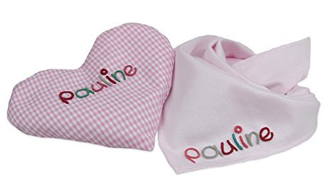 Das rosa farbene Wärmekissen im Set mit einem rosa Halstuch inklusiver individueller Beschriftung mit Spezialfarbe ist das ideale Babygeschenk zur Geburt