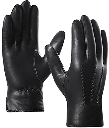 Harssidanzar Leather Gloves for Men,Winter Sheepskin Driving Riding Gloves Cashmere Lined,Black,M