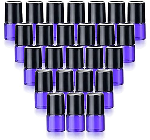 25-pack 1 ml (1/4 dram) färgglad glasrulle på glasflaskor för eteriska oljor, tomma glasflaskor med rostfritt stål rullbollar parfym aromaterapi resorulle på behållaren – 5 färgalternativ (blå)