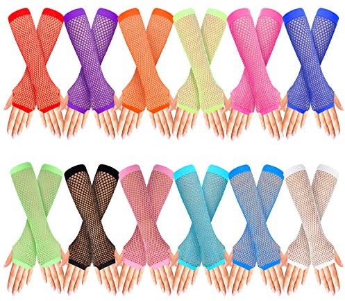 BELLE VOUS 12 Stk Lange Netz Handschuhe - Fingerlose Nylon Netz Armstulpen in Verschiedenen Farben - Neon Mesh Handschuhe für 80er Retro/Dance Party, Tutu- & Kostümzubehör - Für Damen & Mädchen